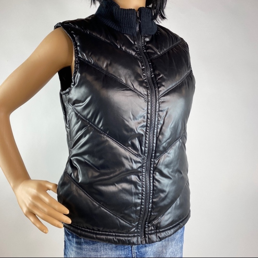 Old Navy Quilted Puffer Vest Knit Mock Turtleneck Shiny Black Size Small